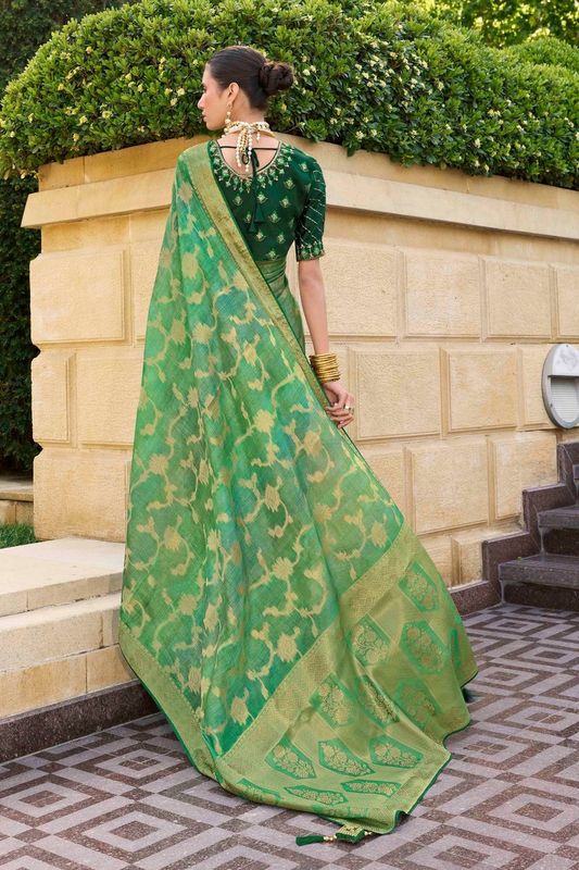 Green Wevon Designer & Embroidery Work Jacquard Silk Saree