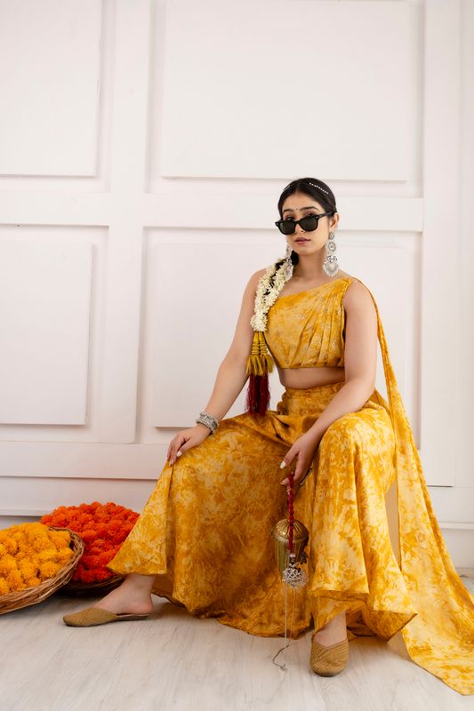 Yellow Printed Drape dupatta Set