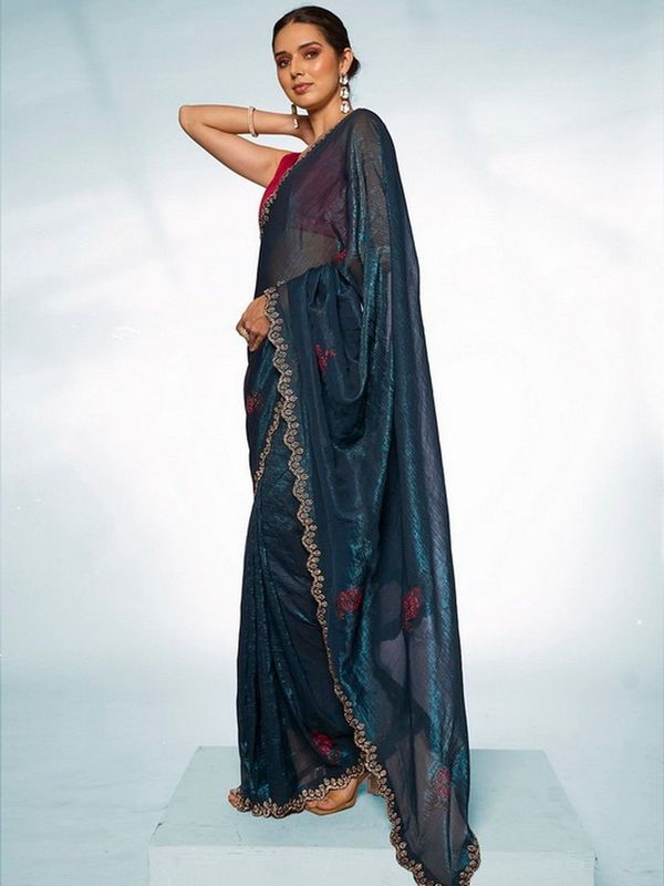 Teal Blue Color Slub Organza Fabric Swarovski Designer Graceful Bollywood Style Party Saree