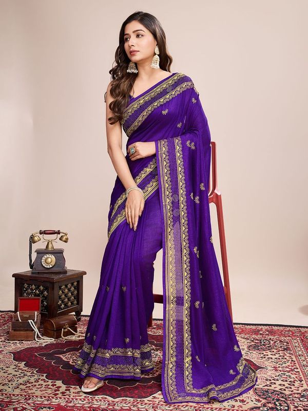 Wine Designer Embroidery Work Vichitra Silk Saree