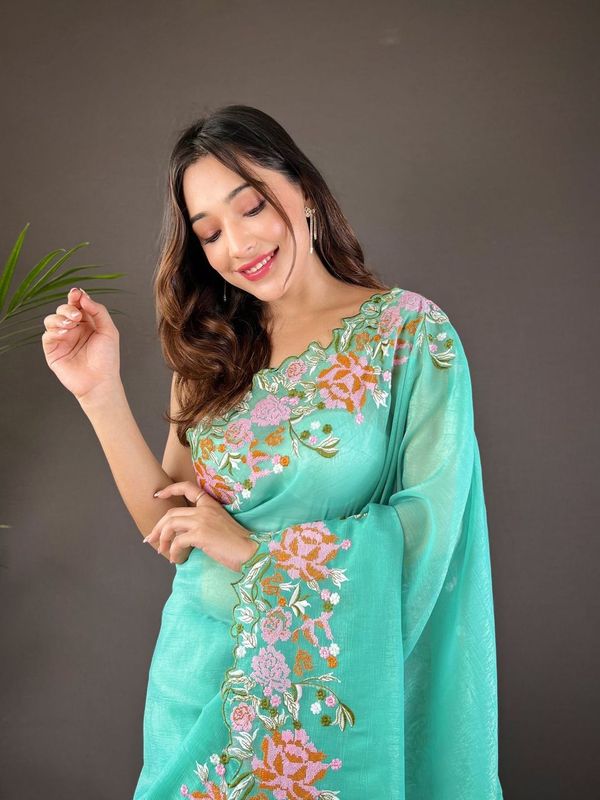 Sea Green Cross Stich Embroidery Cut Work Glossy Silk Saree