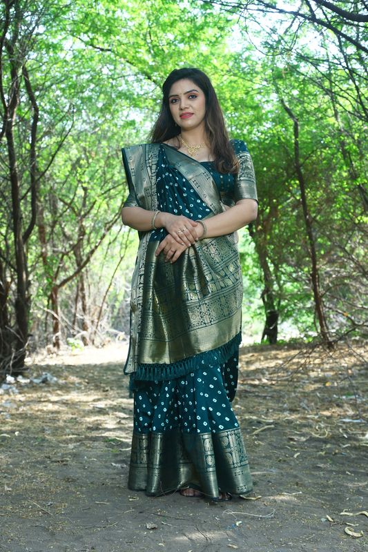 Green Wevon Jari Heavy Designer & Bandhej Work Kanjivaram Silk Saree