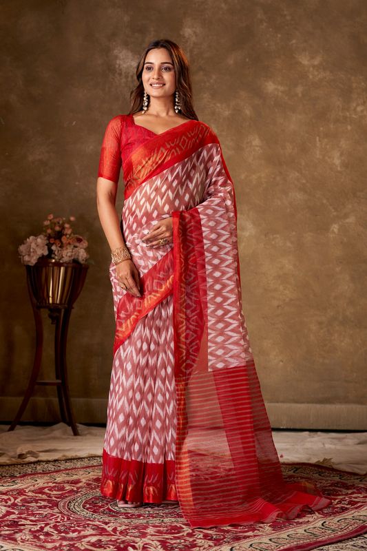 Red Cotton Printed Saree and Stitched Red Blouse