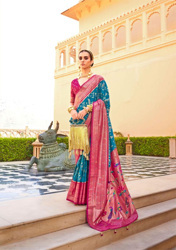 Sky Blue & Pink Wevon Designer & Printed P V Silk Saree