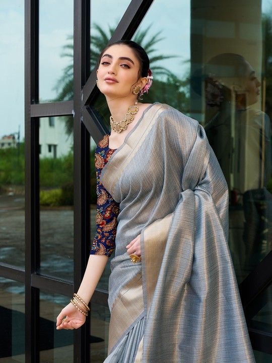 Grey Khadi Striped Saree and Stitched Multi Blouse