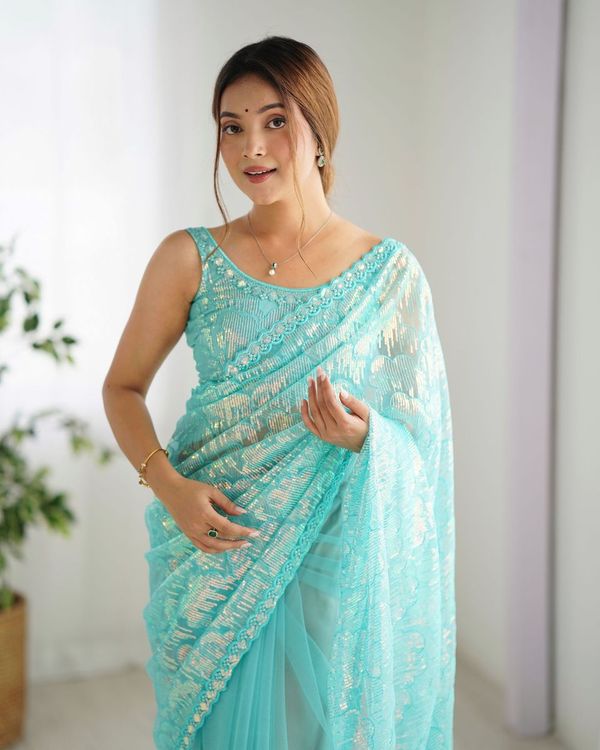 Sky Blue Heavy Sequance Embroidery Work Mono Net Saree