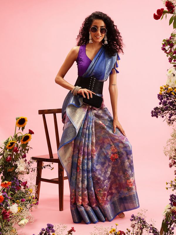Blue Digital Printed Banarasi Cotton Zari Woven Saree