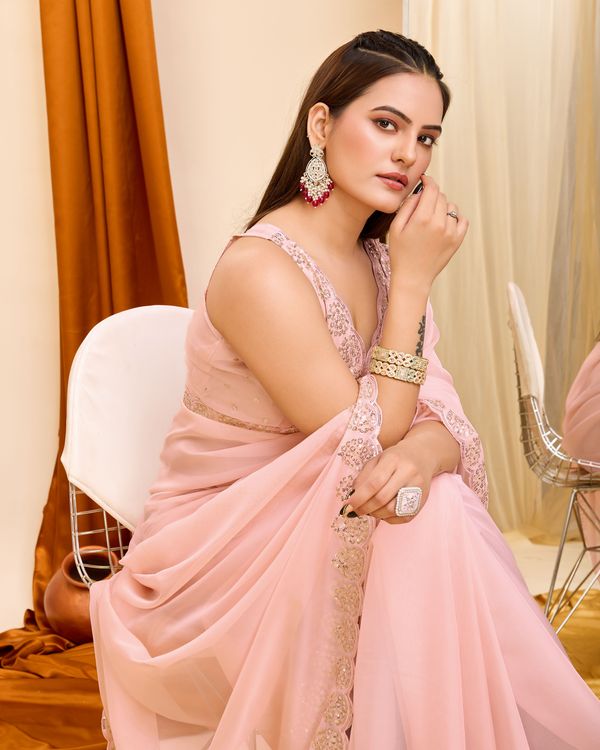 Peach Designer Sequance Embroidery Work Georgette Saree