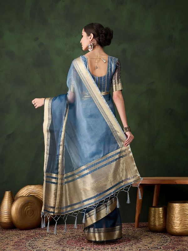Blue Wevon Jacquard Designer Khadi Organza Saree