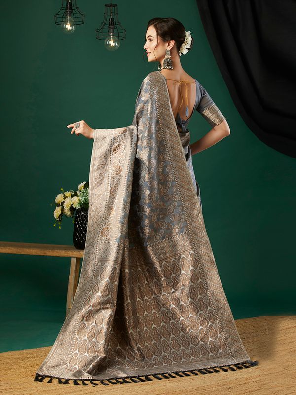 Grey Wevon Jacquard Designer Linen Saree