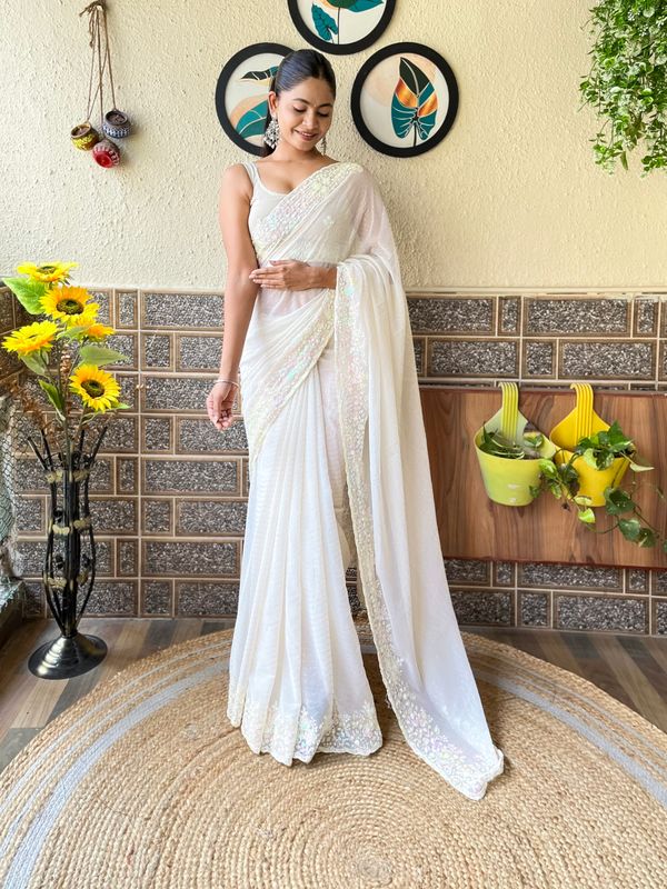Off White Heavy Sequance Embroidery Work Georgette Saree