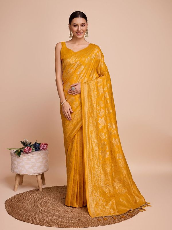 Mustard Weaving Copper Jari Designer Handloom Silk Saree