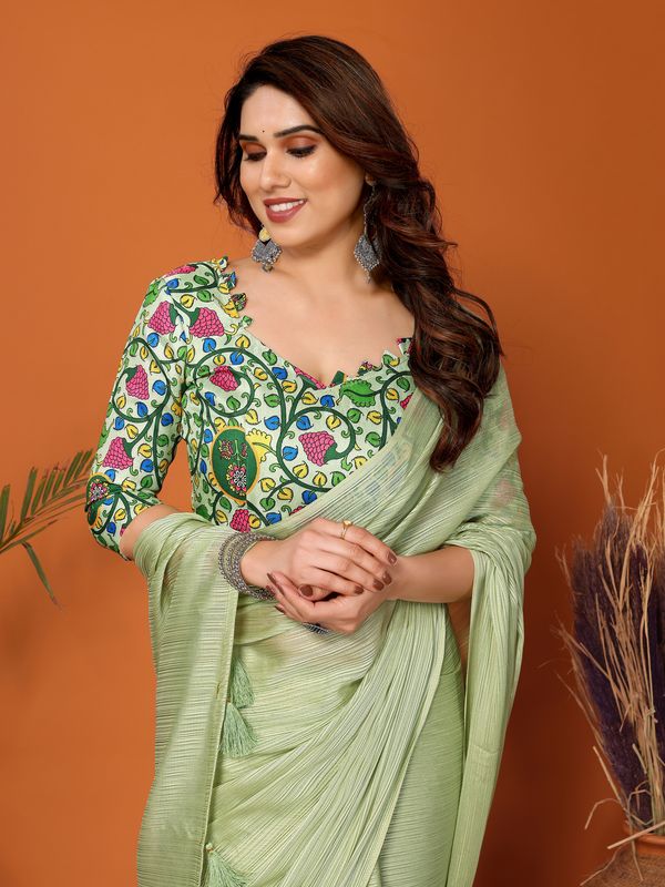 Pista Solid & Digital Printed Blouse Polyester Zari Saree
