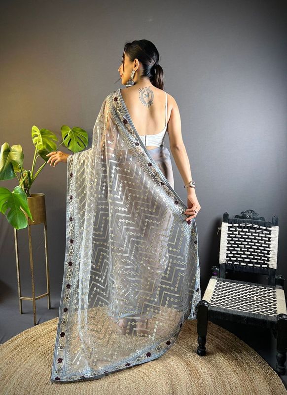 Grey Foil Thread Embroidery & Stone Work Butterfly Net Saree