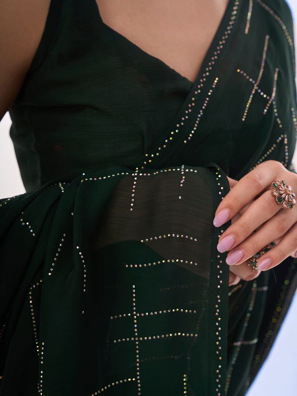 Green Designer Work Lace Border & Swarovski Work Satin Chiffon Saree