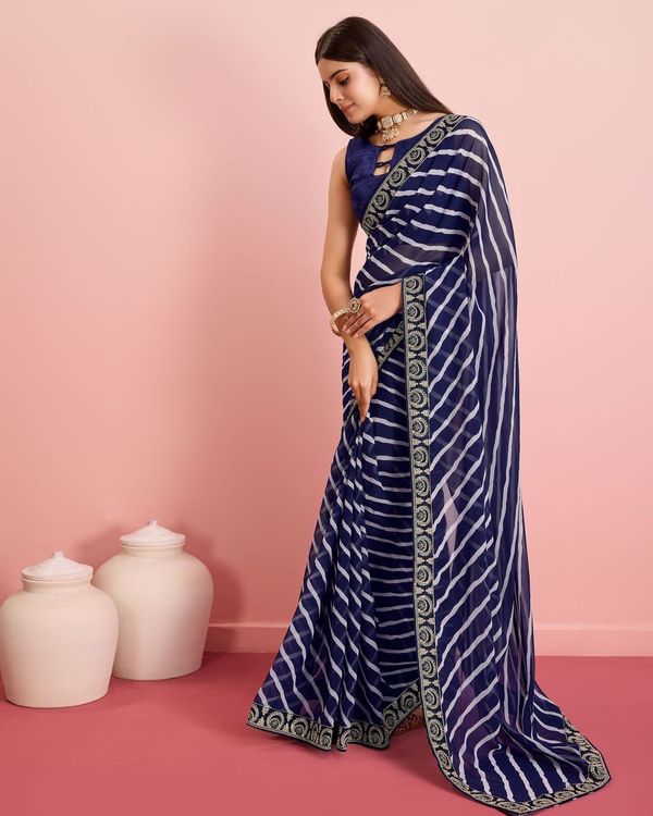 Blue Laheriya Printed & Embroidery Work Lace Border Georgette Saree