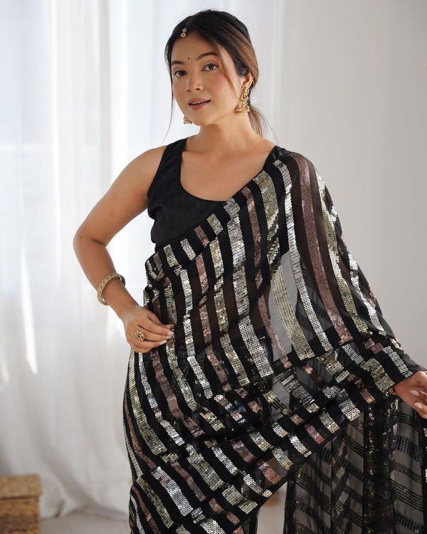 Black Sequance Embroidery Work Border Georgette Saree