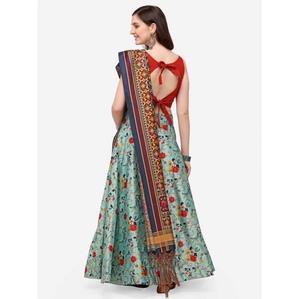 Digital Print Satin Silk Fabric Stitched Lehenga Choli With Jequared Blouse and Assami Silk Thread Work Dupatta For Women and Girls In Festive Party And Traditional Wear