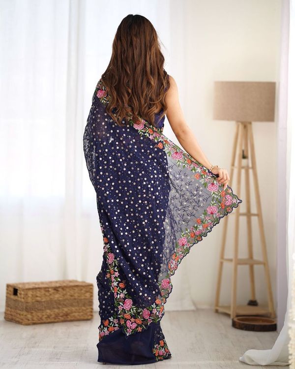 Blue Multy Thread & Sequance Embroidery Work Georgette Saree