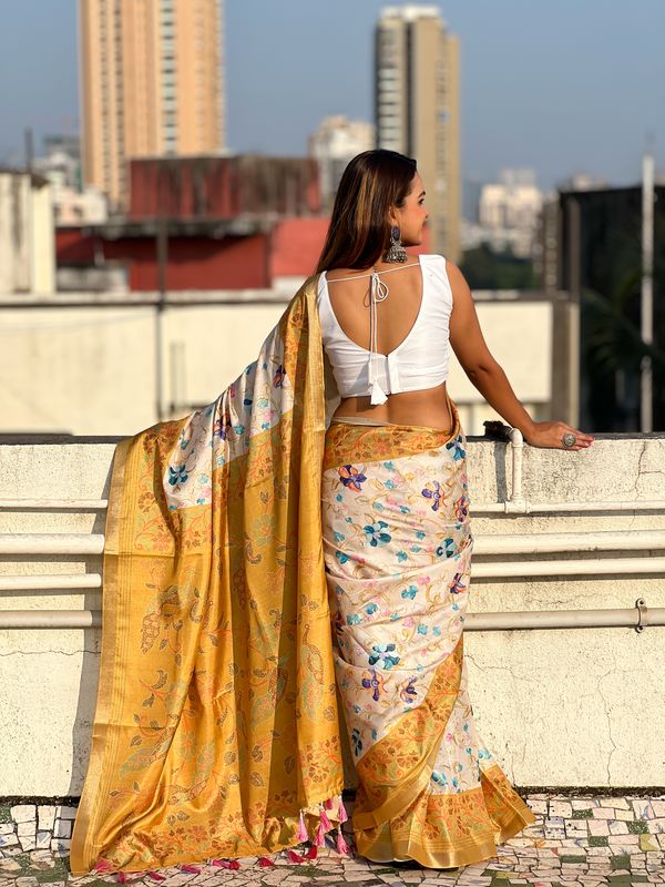 Mustard Wevon Jari Designer & Kalamkari Printed Tussar Silk Saree