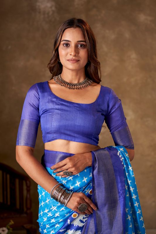 Sky Blue Cotton Printed Saree and Stitched Dark Blue Blouse