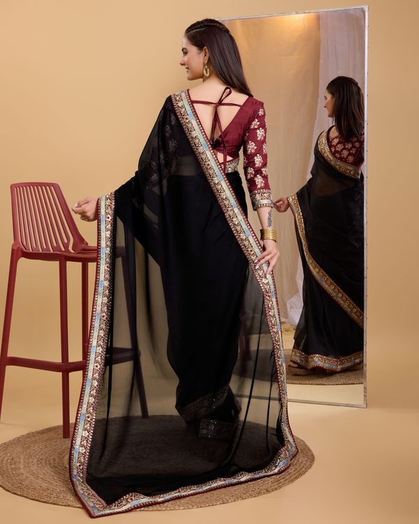 Black Heavy Embroidery Work Lace & Blouse Organza Saree