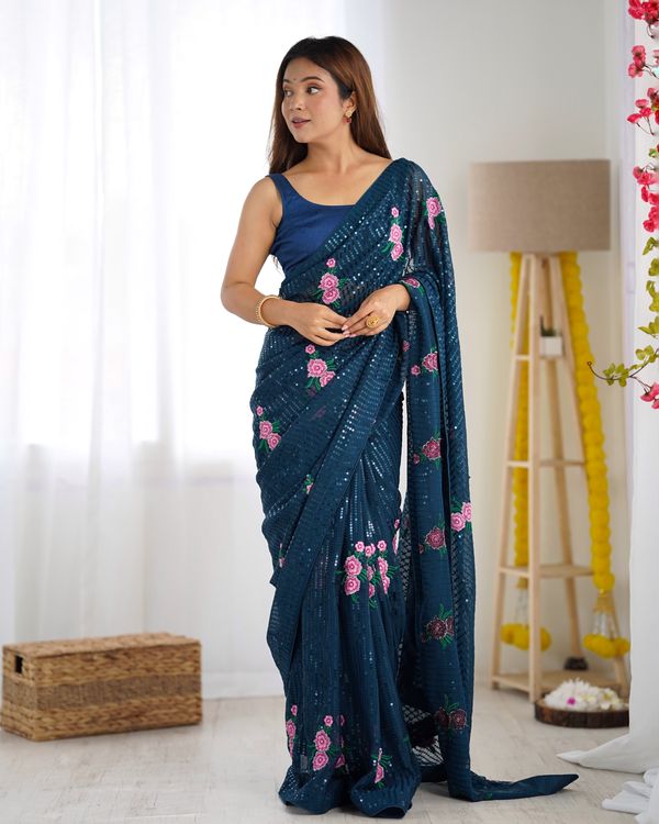 Teal Blue Georgette Thread And Sequins Embroidery Work Glamorous Partywear Saree