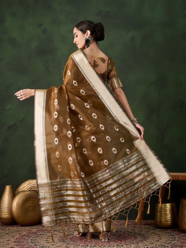 Mustard Wevon Jacquard Designer Khadi Organza Saree