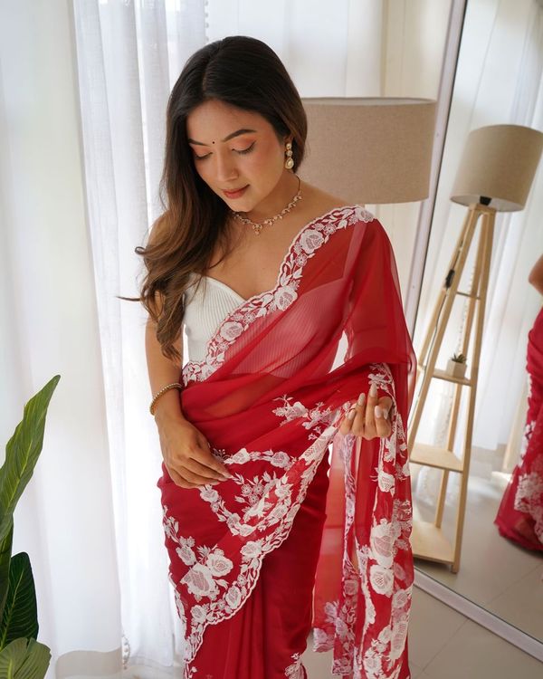 Red Thread Embroidery & Cut Dana Work Thai Organza Silk Saree
