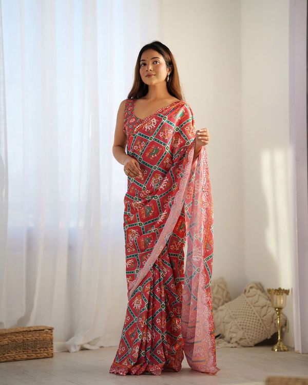 Red Designer Digital Printed & Mirror Cut Work Chinon Saree
