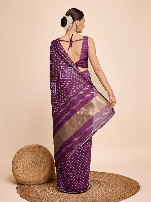 Purple Weaving Designer & Bandhani Printed Faux Cotton Saree