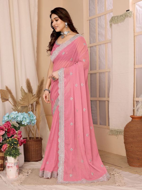 Pink Sequance Embroidery Work Zomato Chiffon Saree