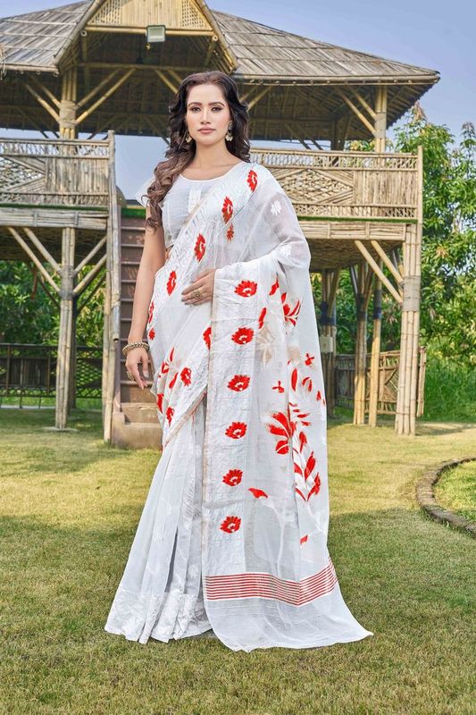 White Wevon Thread Designer Silk Cotton Saree