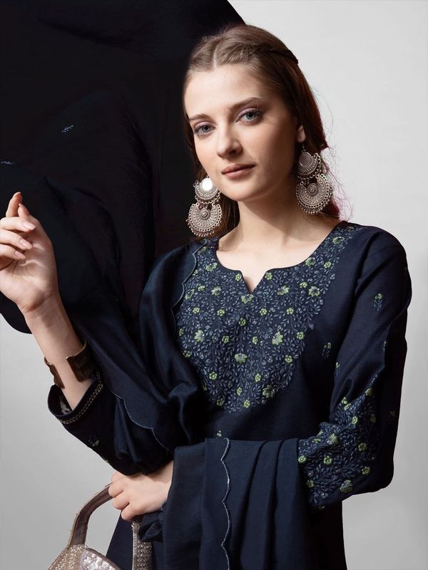 Navy Blue Color Cotton Blend Readymade Dress With Designer Embroidery Work