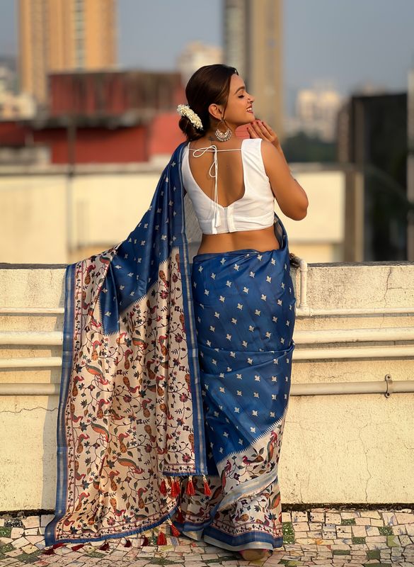 Blue Designer Kalankari Floral Printed Katki Silk Saree