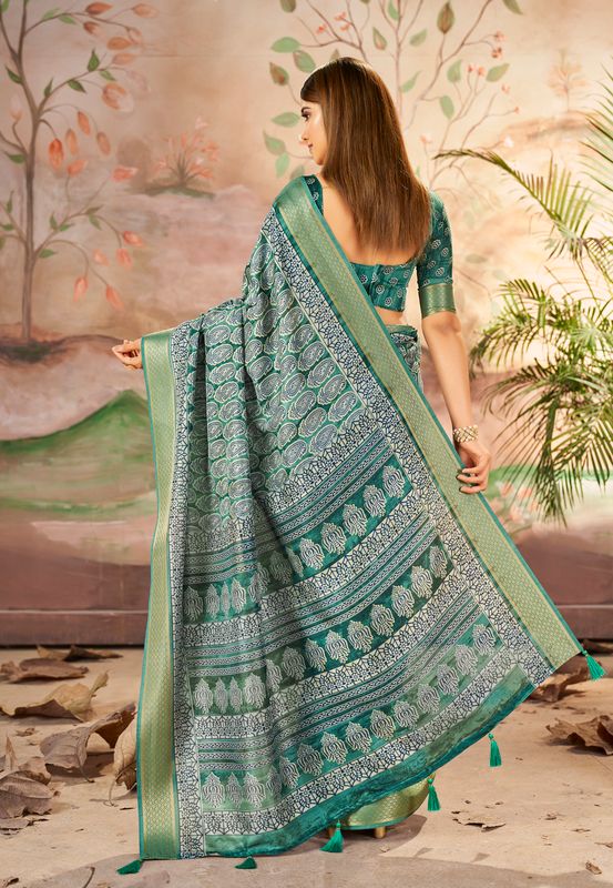 Mineral Green Wevon Border Designer With Printed Dolla Silk Saree