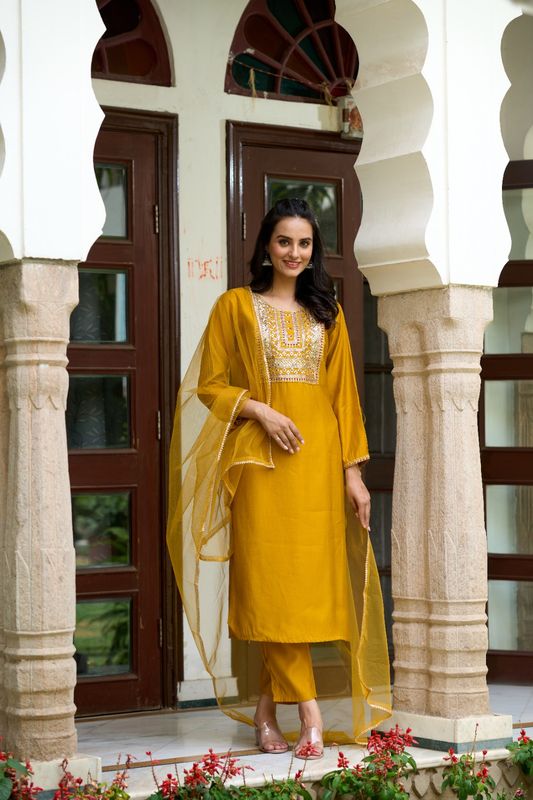 Yellow Chanderi Straight Kurta