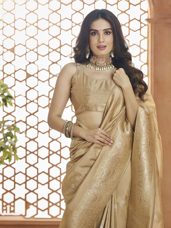 Beige Weaving Jari Designer Banarasi Silk Saree