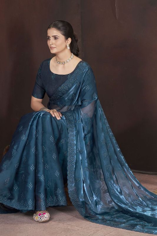 Teal Blue Sequance & Thread Embroidery Work Jimmy Choo Saree