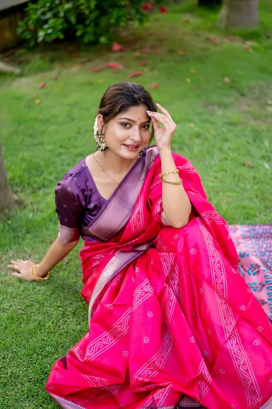 Pink Weaving Jari Designer & Printed Raw Silk Saree
