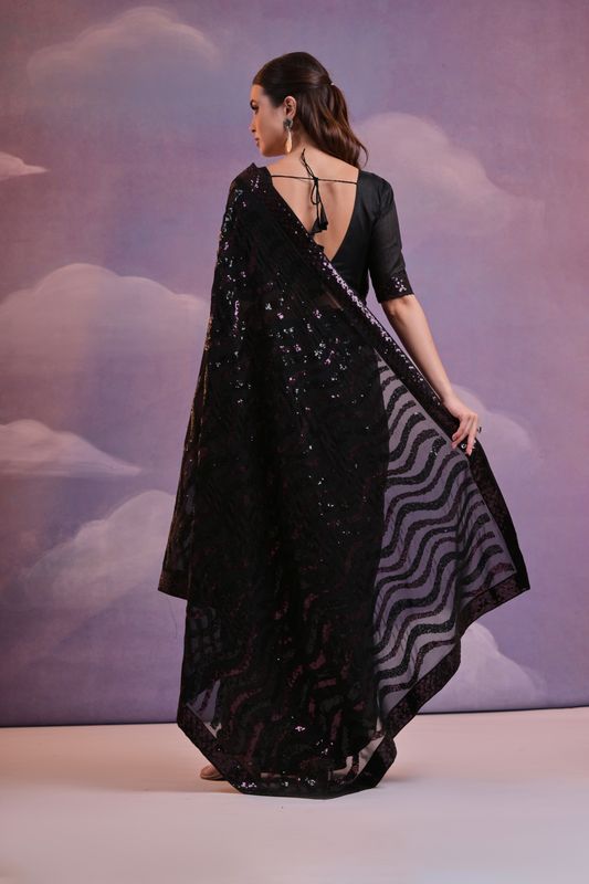 Black Laheriya Style Sequance Embroidery Work Georgette Saree