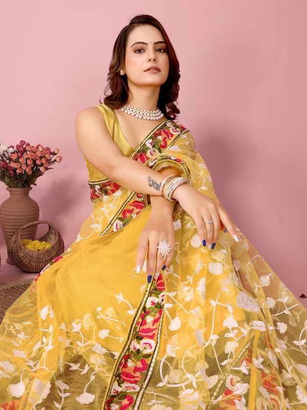 Yellow Multy Thread Embroidery Work Soft Net Saree