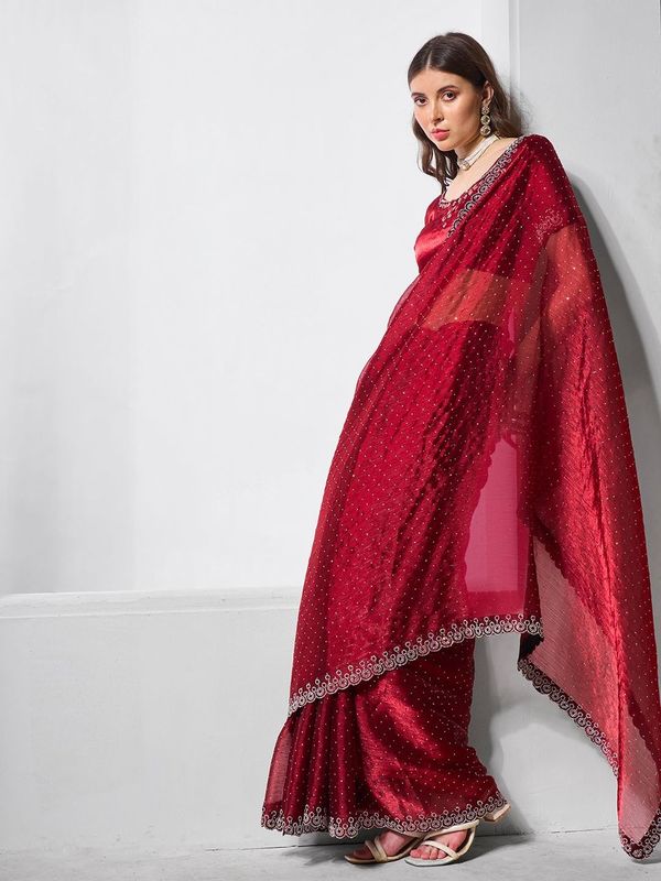 Maroon Color Burburry Fabric Bollywood Style Swarovski Designer Work Evening Party Saree
