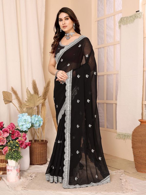 Black Sequance Embroidery Work Zomato Chiffon Saree
