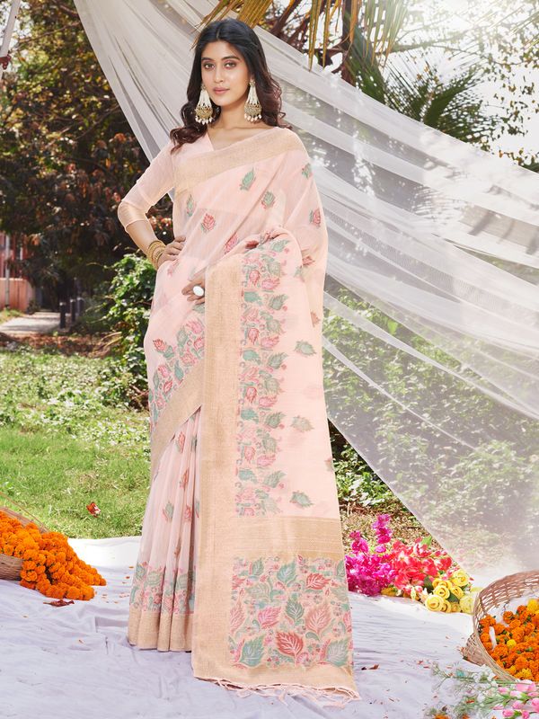 Light Pink Wevon Designer & Digital Printed Cotton Saree