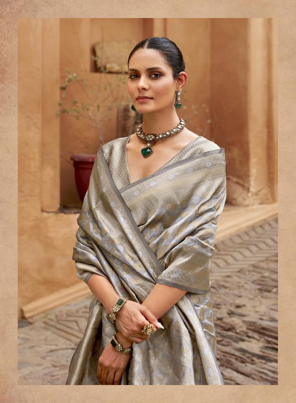 Grey Wevon Brocade Designer Viscose Silk Saree