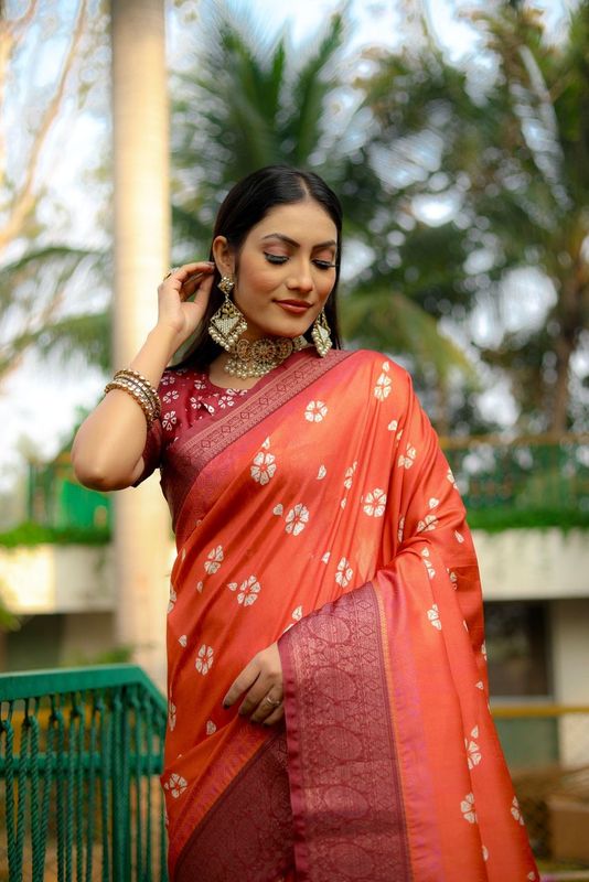 Orange Wevon Border & Kalamkari Digital Printed Dola Silk Saree