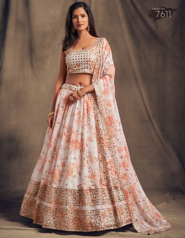 White Women's Organza Embroidery Lehenga Choli