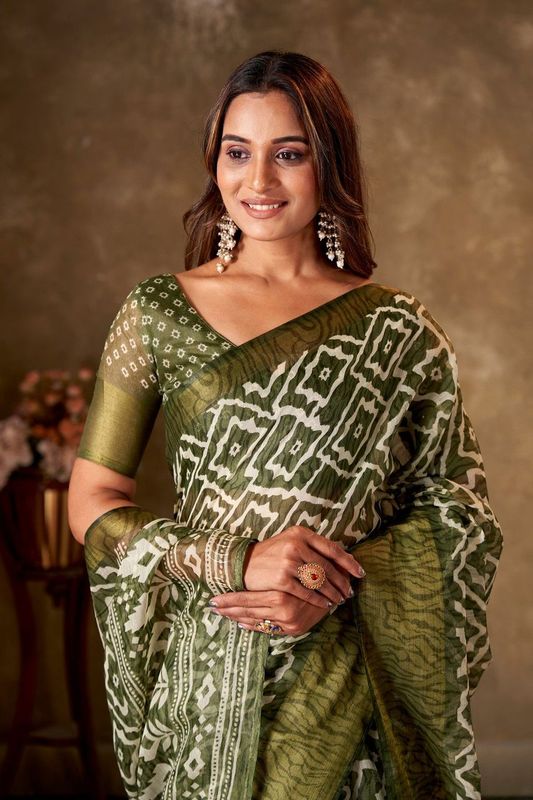 Olive Cotton Printed Saree and Stitched Olive Blouse