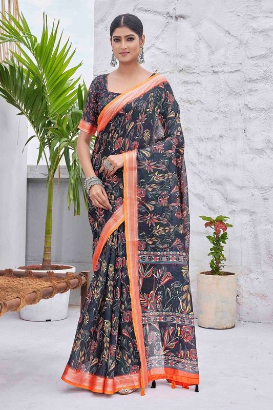 Black Color Linen Blend Digital Printed Designer For Graceful Festive Looks